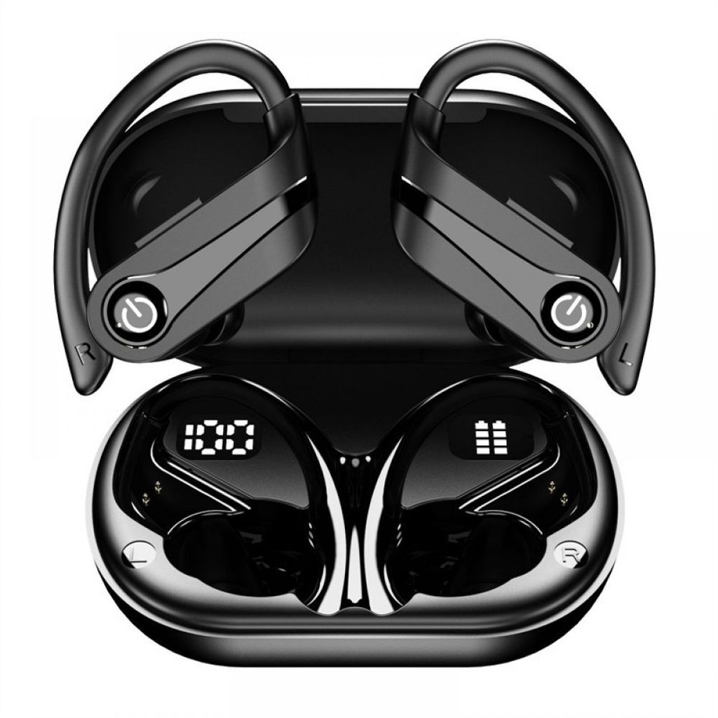 A pair of black wireless earbuds in their charging case.