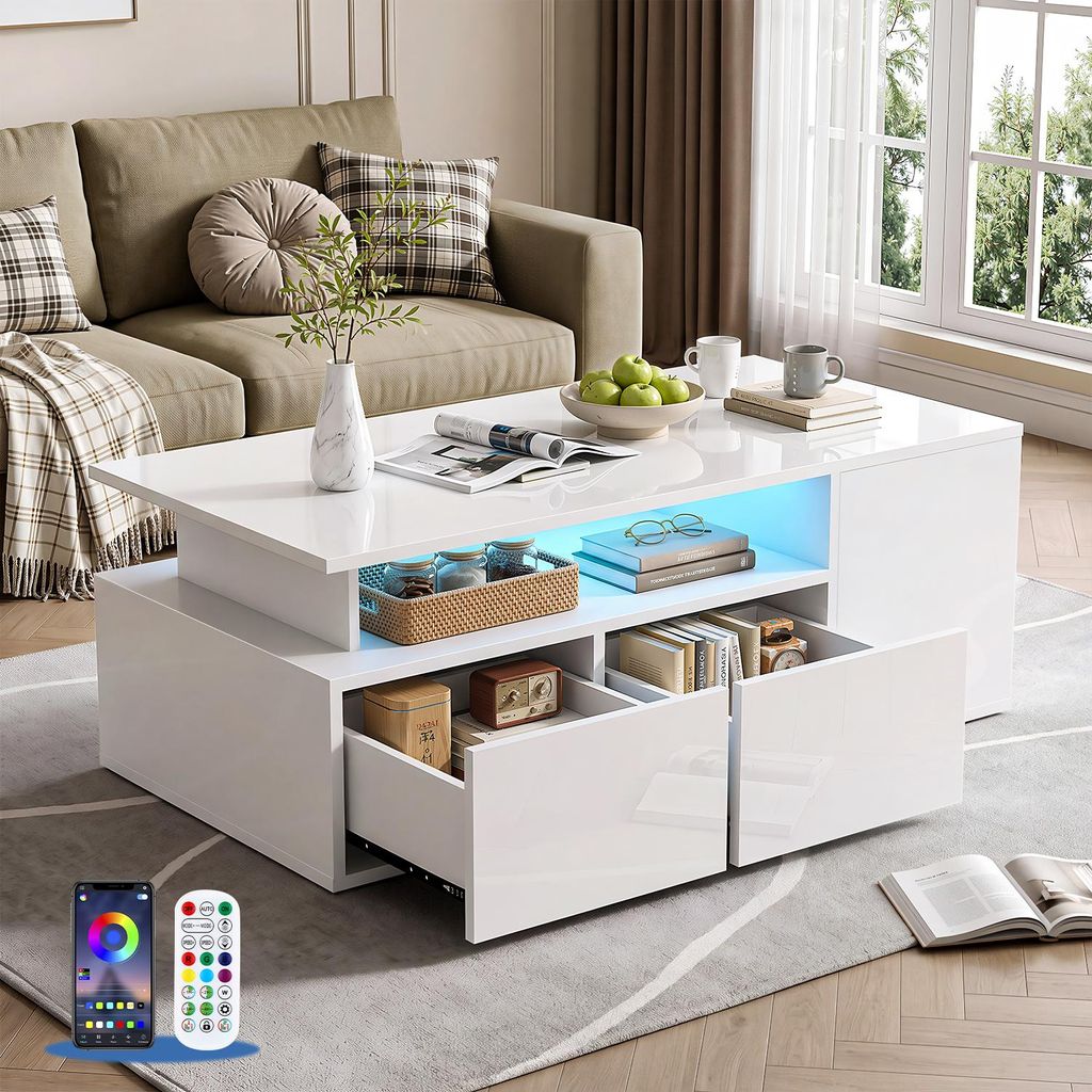 OYAJIA Couchtisch Wohnzimmertisch Hochglanz Design mit LED Produktbild 