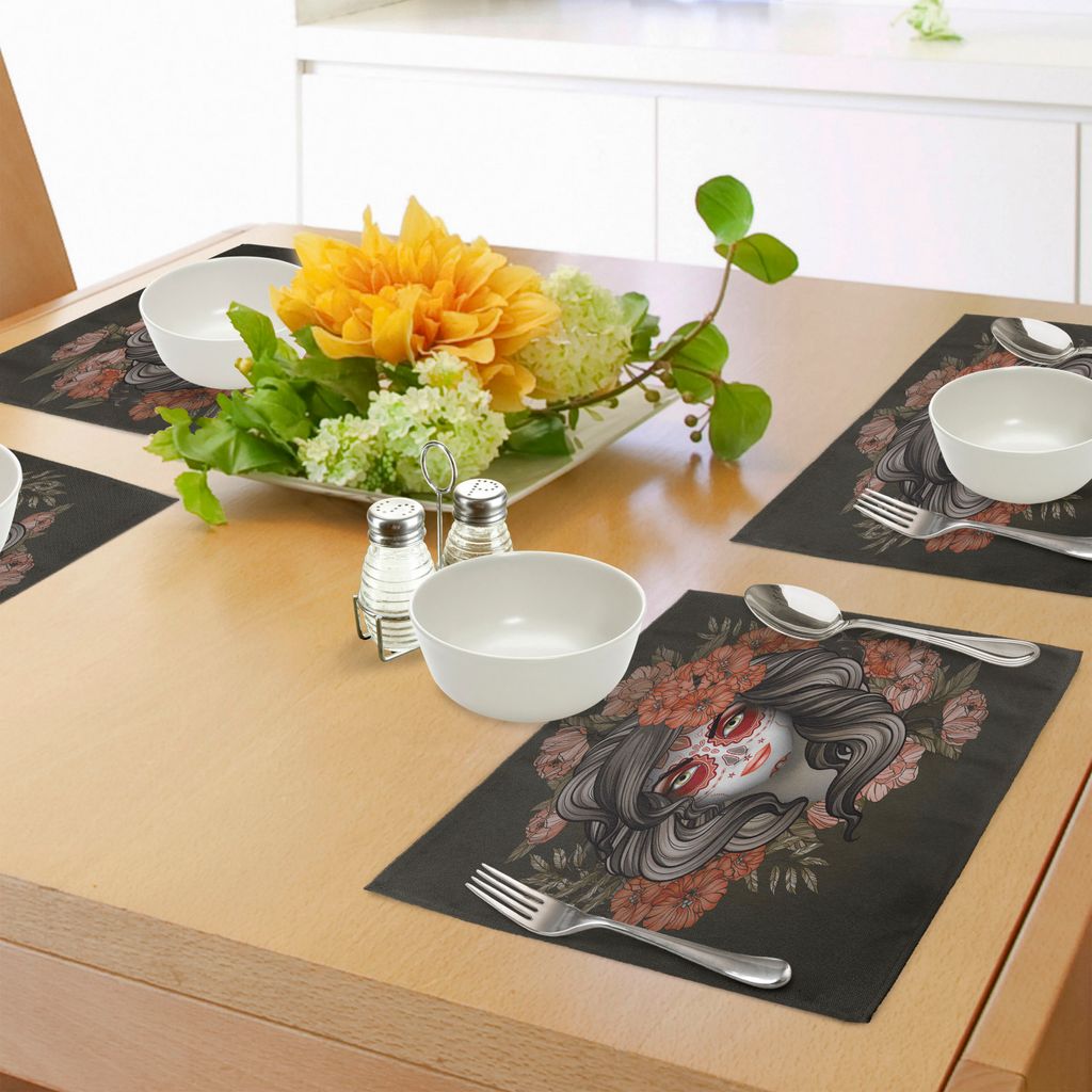 ABAKUHAUS Tag der Toten Platzmatten, Spanische Frau mit festlichen Make-up-Kunst und Blumen-Blüten von Calavera, Tiscjdeco aus Farbfesten Stoff f...