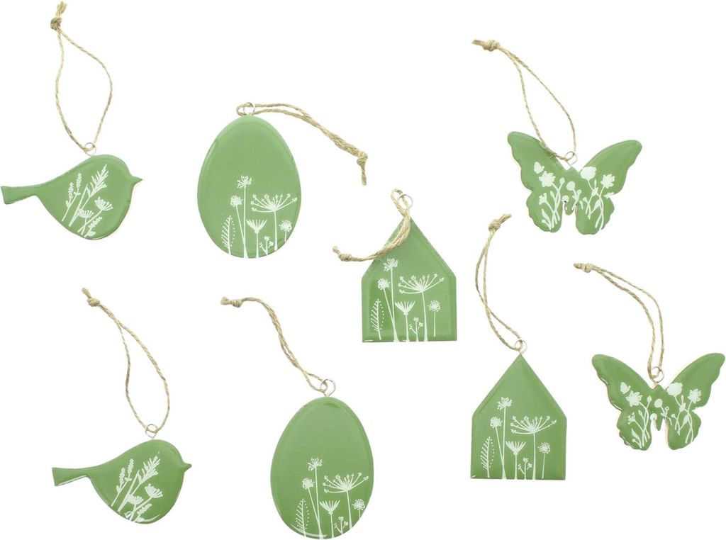 Hänger Frühling, 8er Set, Holz, glänzend lackiert, Jute Maße: Höhe 5 cm, 7 cm, 8 cm