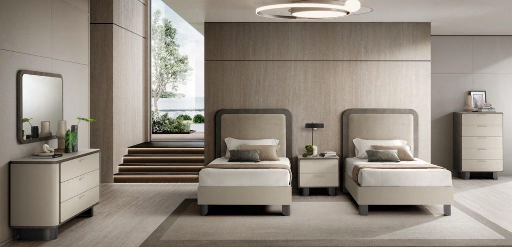 Elegante Schlafzimmer Einrichtung Polster Einzelbetten 2x Kommoden