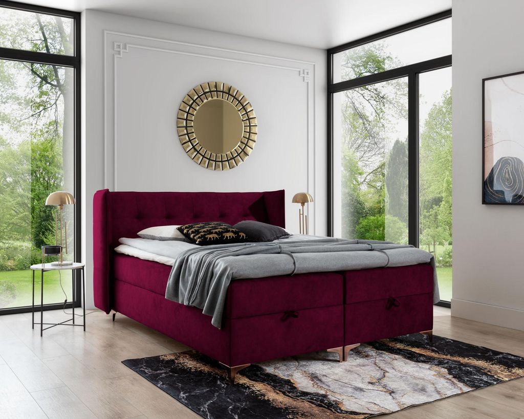 Gepolstertes Doppelbett 200x200 RUMJA – bordeauxrot + GRATIS Matratzenauflage