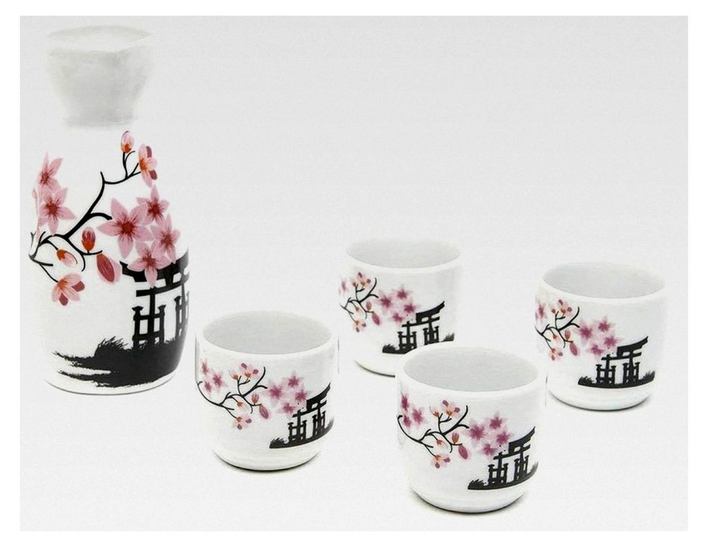 Sake-Set, japanischer Sake-Topf, traditionelle Sake-Tassen, handbemaltes Design, Porzellan, Keramik, 5 Stück (Kirschblüten neu)