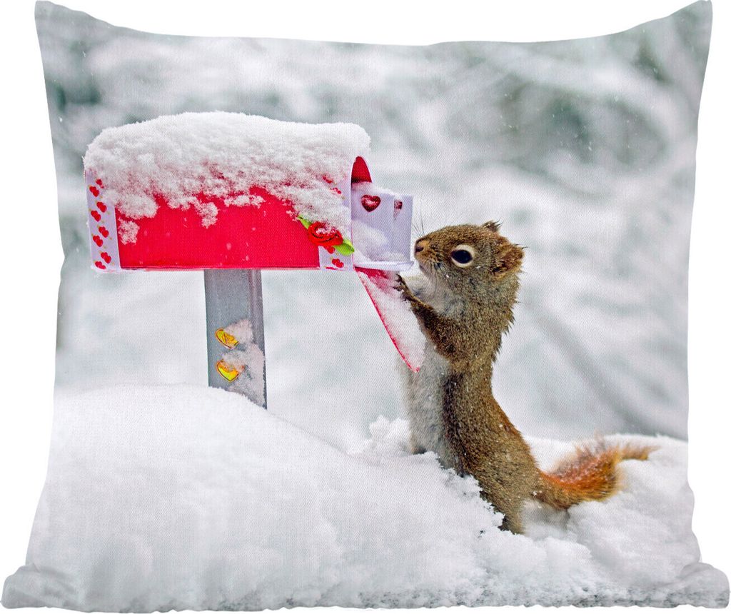 MuchoWow Zierkissen Sofakissen Wohnzimmer Dekokissen 50x50 cm Eichhörnchen - Briefkasten - Schnee - Winter - Komfort - Sofakissen