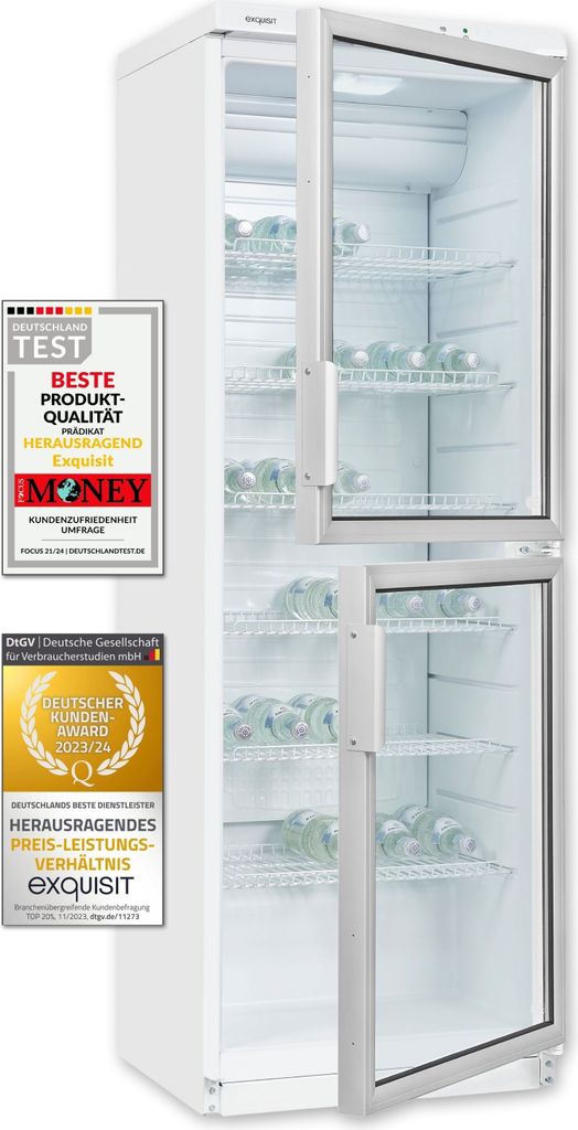 A white refrigerator with a glass door, displaying shelves inside. Two award badges are placed to the left of the refrigerator.