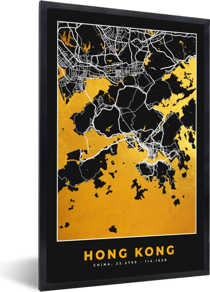 MuchoWow Gerahmtes Poster Hongkong - Stadtplan - Gold - Karte 20x30 cm - Poster mit Schwarzem Bilderrahmen Wandposter Rahmen Foto Bilder - Drucke...
