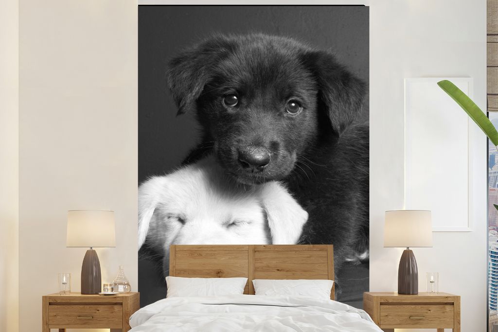 MuchoWow Fototapete für Wohnzimmer oder Schlafzimmer Wandtapete Vinyl Motivtapete Hunde - Welpe - Schwarz - Weiß - Tiere - 180x280 cm - Wallpaper