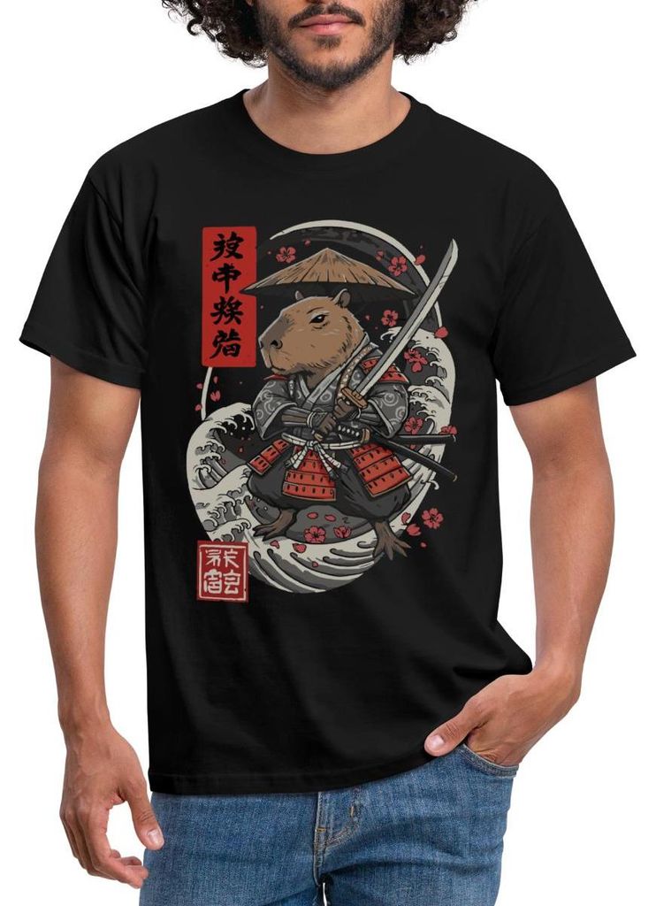 Spreadshirt Samurai Capybara | Japanischer Stil Männer T-Shirt, 3XL, Schwarz