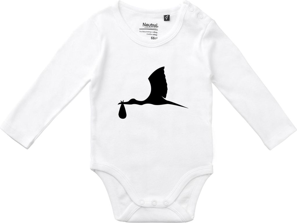 Huuraa Baby Body Klapperstorch mit Baby Silhouette 80 White Baumwolle Fairtrade Langarmbody Geschenkidee