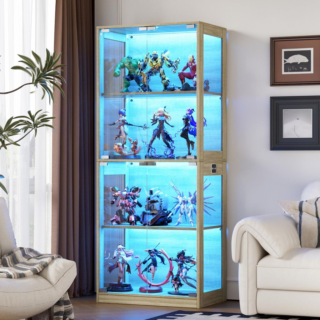 Moderne Glasvitrine, 4-stufig mit LED & Intelligente Sensorik für Sammlerstücke, Bücher, Wein 160*54cm bis 100kg Kippsicherung Standvitrine, Eiche
