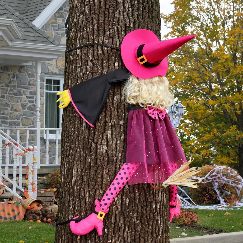 Sorcière d'Halloween s'écrasant contre un arbre 135cm Rose Déco Jardin