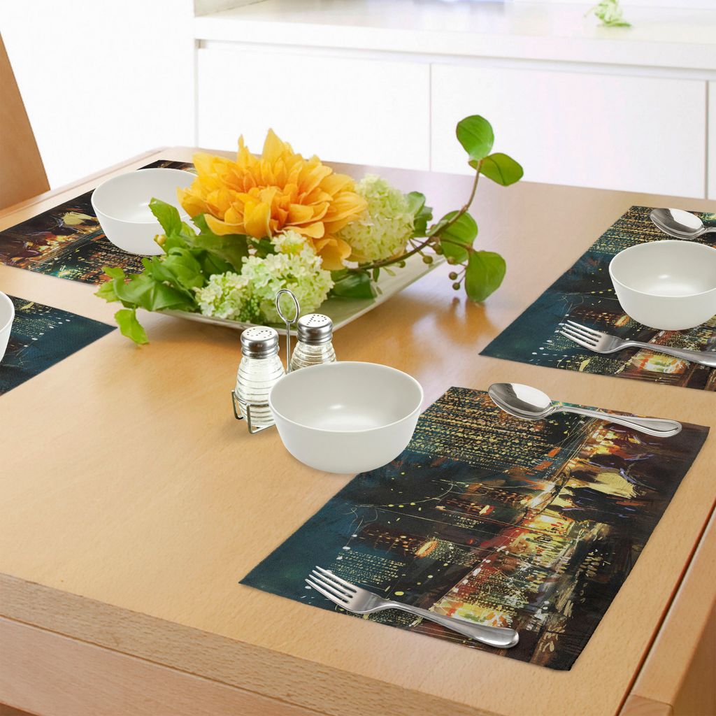 ABAKUHAUS Nacht Platzmatten, Gemälde von Shopping Street City mit bunten Nachtleben Abstrakte Pinselstriche, Tiscjdeco aus Farbfesten Stoff für d...