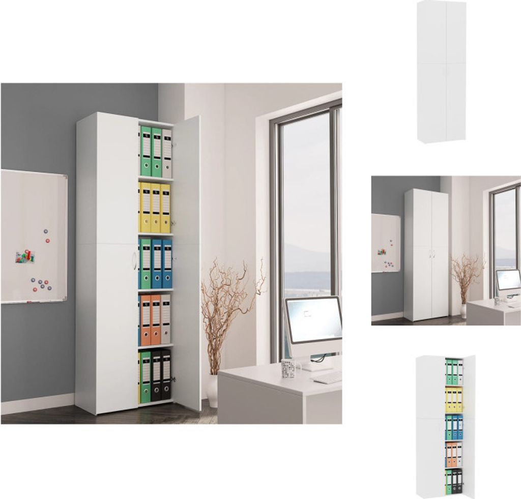 A collage of images showing a white storage cabinet with doors open and closed, displaying files and folders inside, in an office setting.
