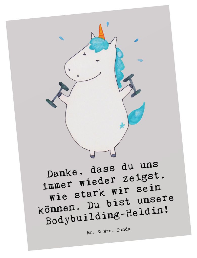 Mr. & Mrs. Panda Postkarte Bodybuilding Trainerin - Grau Pastell - Geschenk, Sportarten, Sportart, Danksagung, Durchhaltevermögen, Ansichtskarten,...