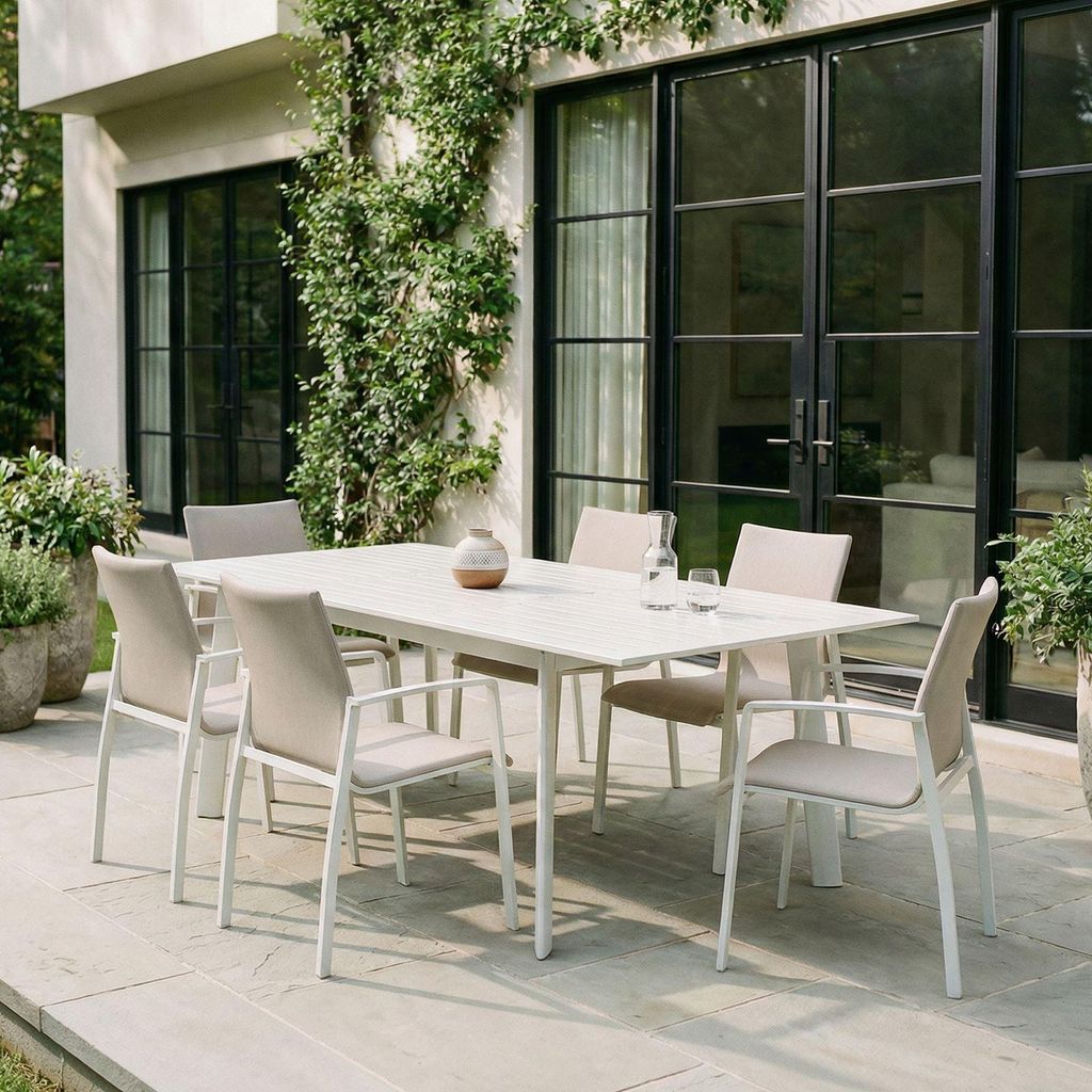 Gartenmöbel Set VERANO, weiß/beige - mit 6 Stühlen und ausziehbarem Gartentisch, Aluminium und wetterfeste Textilene, stapelbar, strapazierfähi...