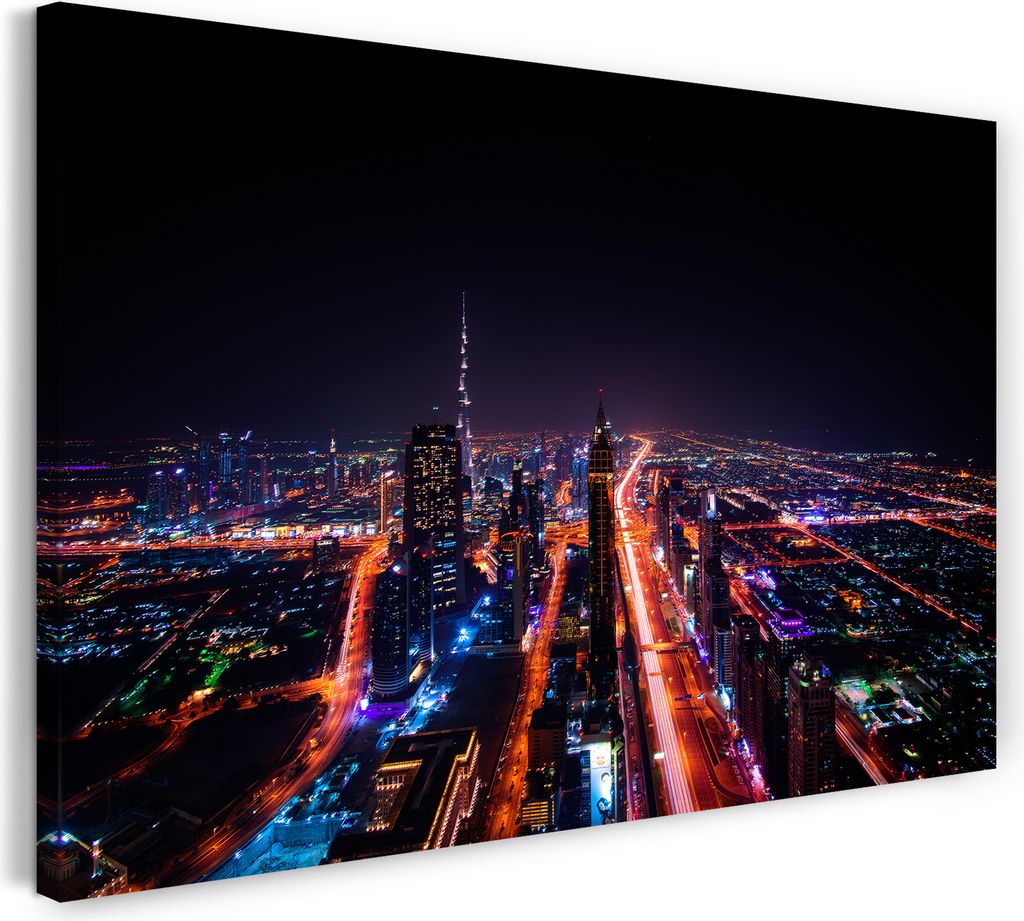 Leinwandbild (60x40cm): Skyline von oben in der Nacht Lichter viele Farben Hochhäuser, echter Holz-Keilrahmen inkl. Aufhänger, handgefertigt in D...