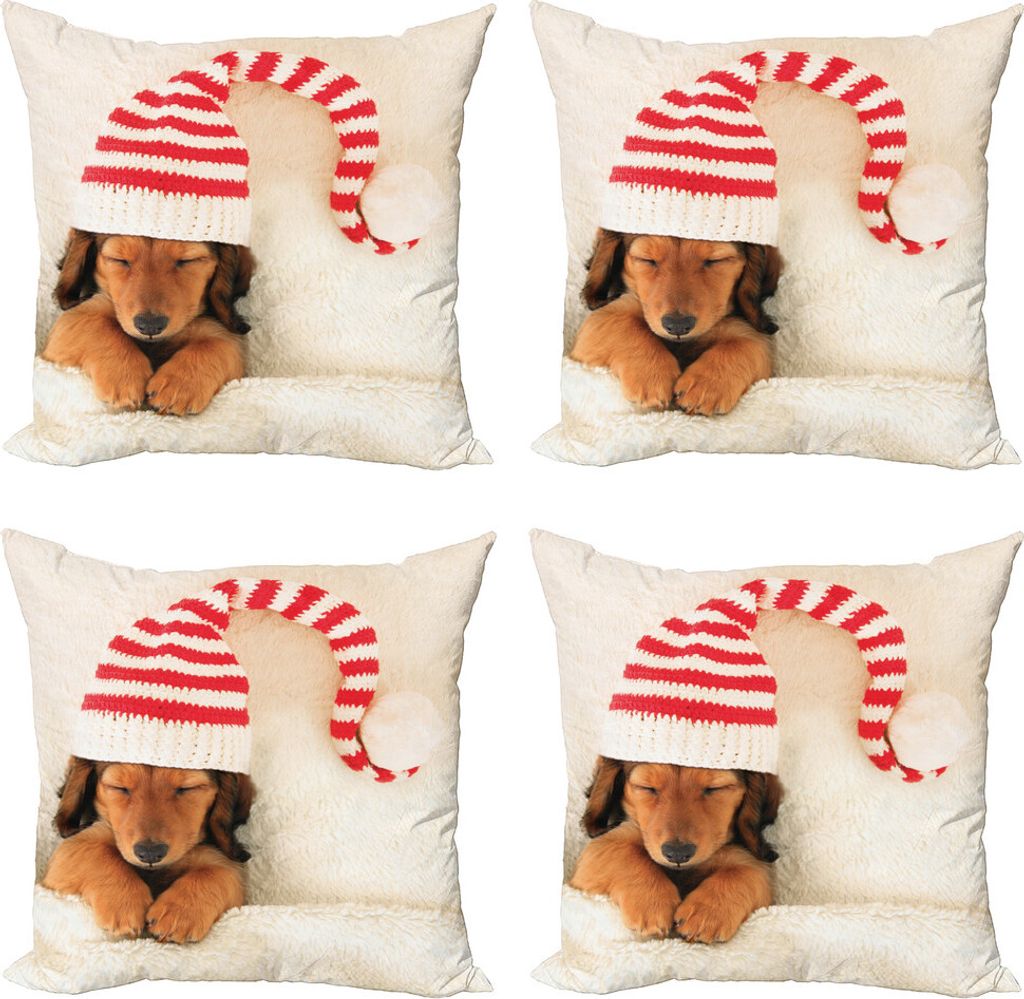 ABAKUHAUS Dackel Kissenbezug Set (4 Stück), Hund in der Weihnachts Elf-Hut, Moderner Doppelseitiger Digitaldruck, 40 cm x 40 cm, Ivory Zimt