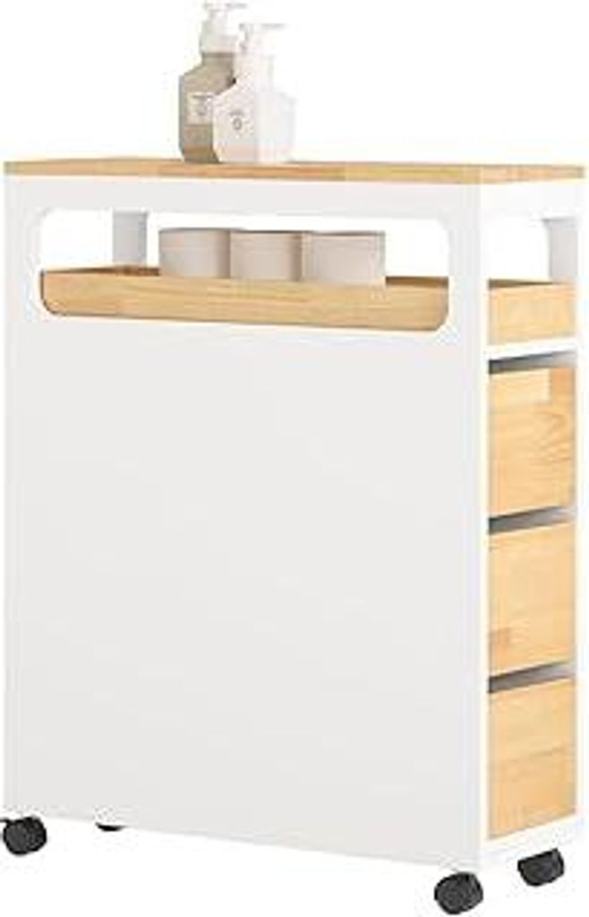 SoBuy Badezimmerschrank mit Rollen, Schmaler Badschrank mit 3 Schubladen, Kompakte Kommode aus Holz, Beweglicher Nischenschrank für kleine Bäder,...