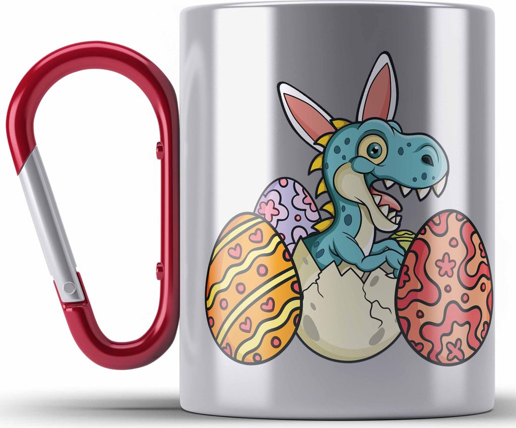 Trendation - Edelstahl Tasse Karabiner Ostern T-Rex Dino Ostergeschenke Kinder Jugendliche Geschenke Lustige Grafik Osterhase Ostereier (Rot)