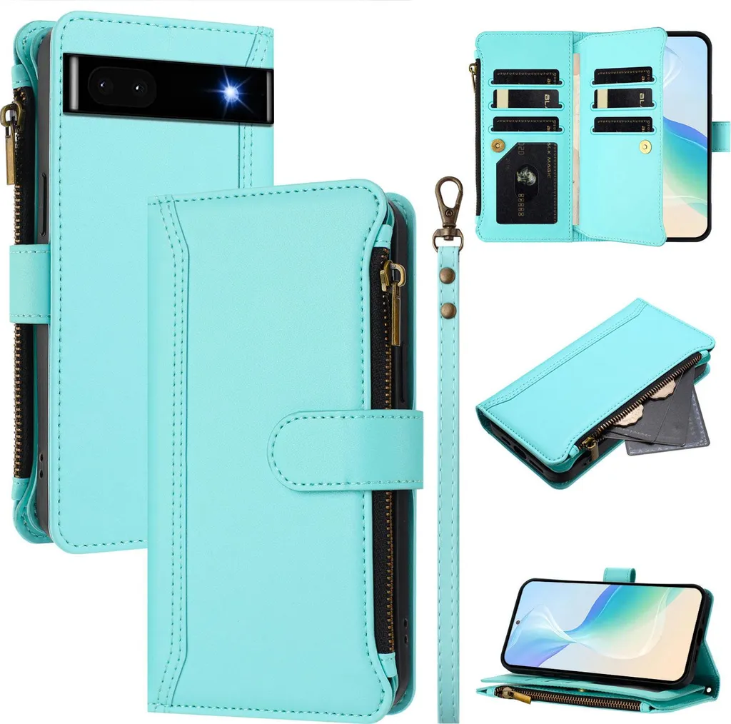 Custodia per Google Pixel 6A, con cerniera, portafoglio in Finto cuoio con tasche per carte, supporto e passante per la mano verde menta - 1