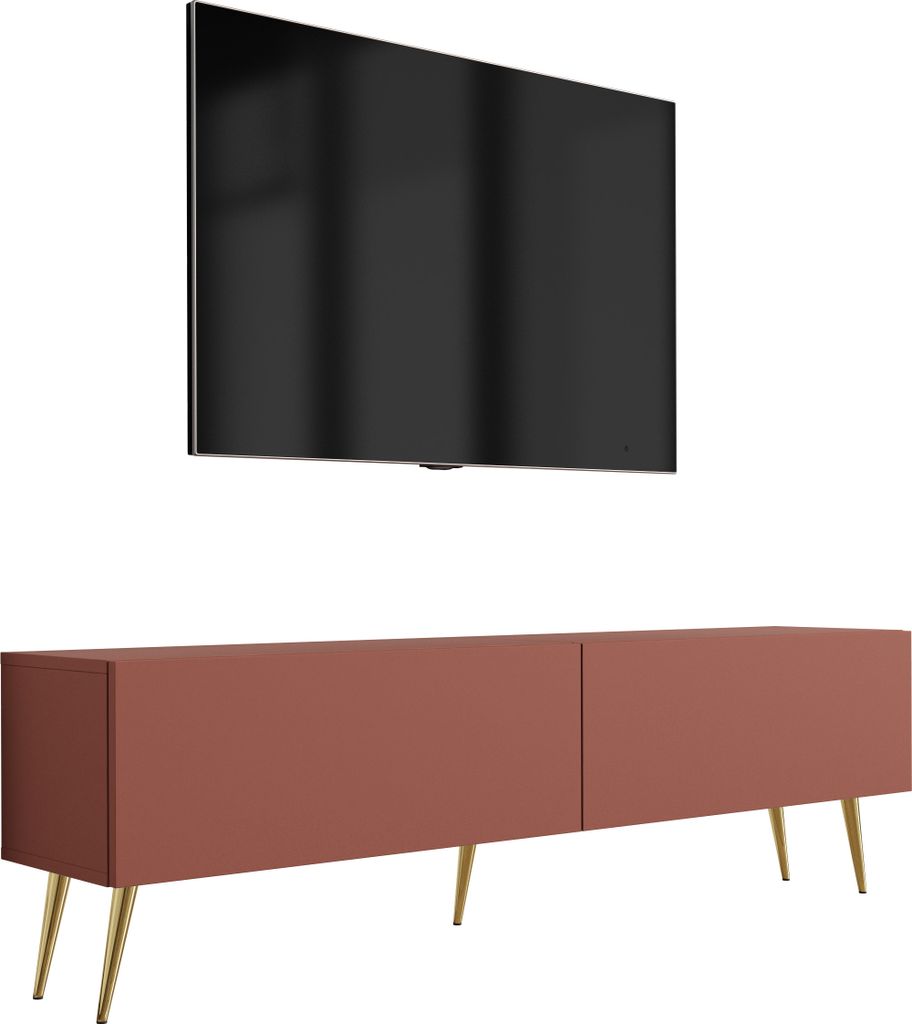 Meuble TV : Rouge brique, 140 x 52 x 32 cm, pieds dorés Image du produit 