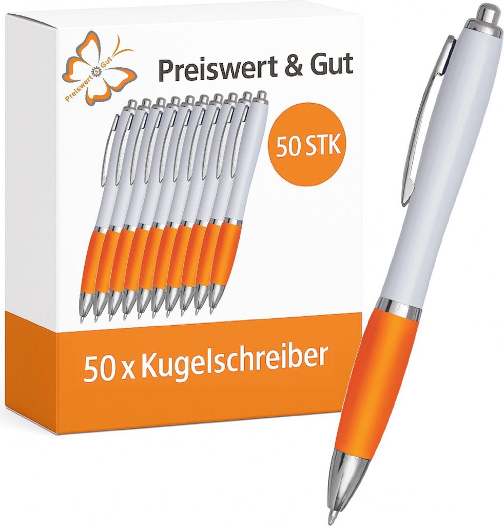 50x Kuli blauschreibend Kunststoff mit Druckmechanismus, Kugelschreiber Großraummine – Schreibgeräte orange/weiß