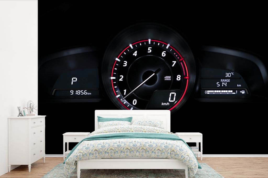MuchoWow Fototapete für Wohnzimmer oder Schlafzimmer Wandtapete Vinyl Motivtapete Moderner Tachometer auf dem Armaturenbrett eines Autos - 390x2...