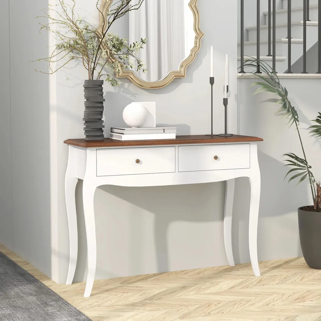 Console 2 Tiroirs de Rangement Blanc - Table Entrée Design 100x35 cm - 2