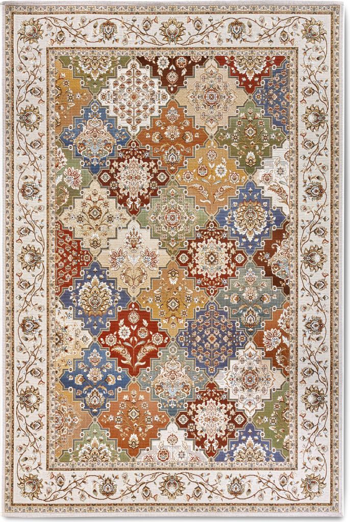 A flat lay of a colorful, patterned rug on a white background.