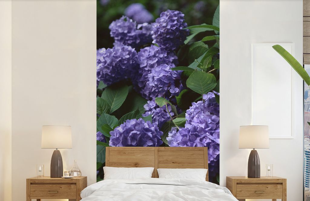MuchoWow Fototapete für Wohnzimmer oder Schlafzimmer Wandtapete Vinyl Motivtapete Dunkelheit um Hortensien in einem Garten - 120x240 cm - Hinter...
