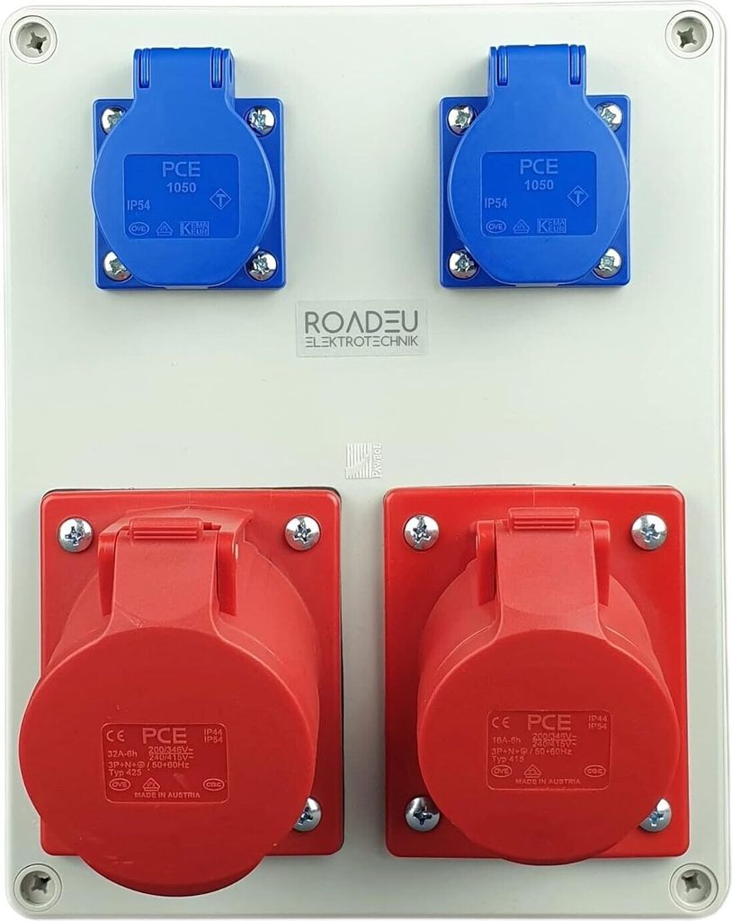 RoadEu - Steckdosenverteiler - CEE 32A und 16A Steckdose mit 2x Schuko 230V. Stromverteiler IP44 Für den Innen- und Außeneinsatz, Baustromverteiler