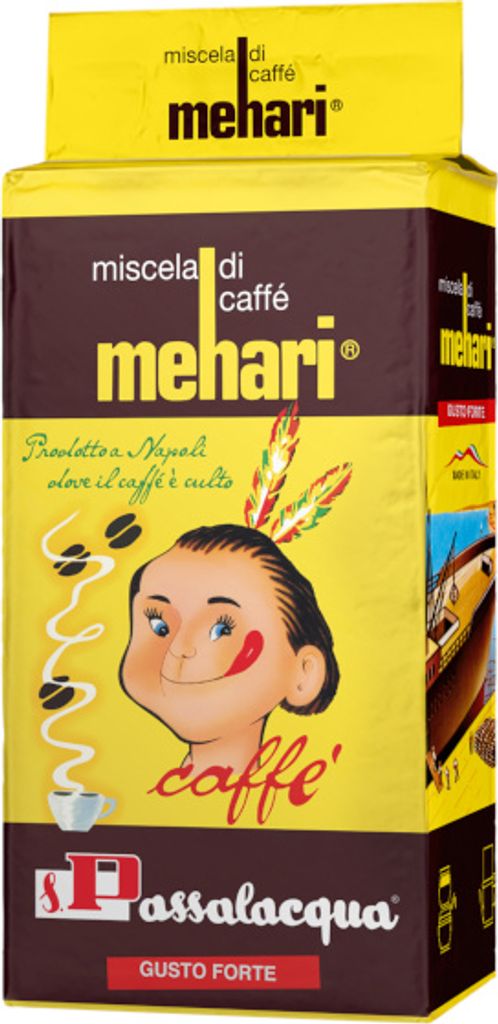 A product package for coffee, featuring a cartoon illustration of a person and text.