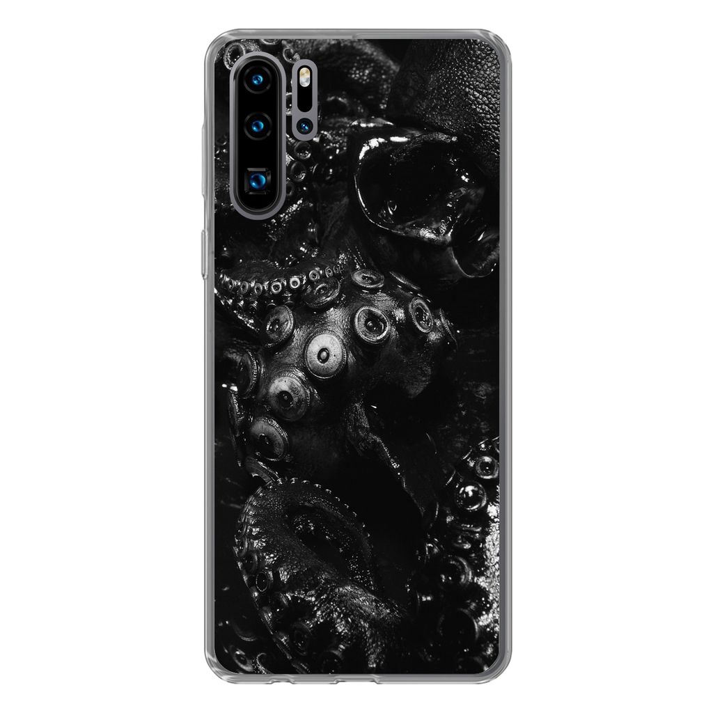 MuchoWow Handyhülle Schutzhülle Hülle für Huawei P30 Pro Nahaufnahme Oktopus auf schwarzem Hintergrund in schwarz und weiß Silikon Softcase ...
