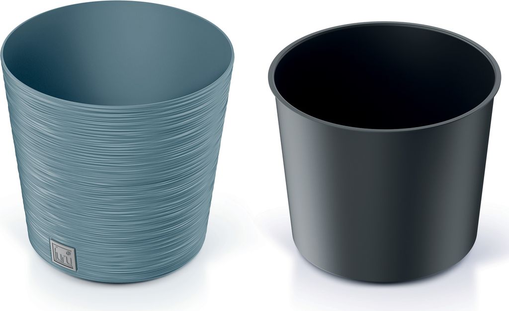 Two plant pots are shown side-by-side against a white background. The pot on the left is blue with a textured surface and a small logo at the bottom. The pot on the right is black and has a smooth interior and exterior.