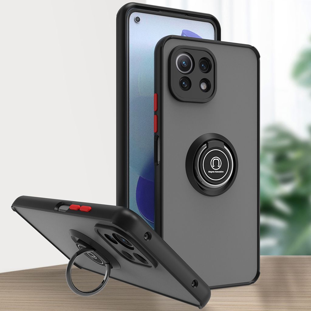 Xiaomi Mi 11 Lite Hülle, Ring Halter Ständer Matte Transluzent TPU Rahmen Stoßfest Schutzhülle für Xiaomi Mi 11 Lite Dunkelgrau