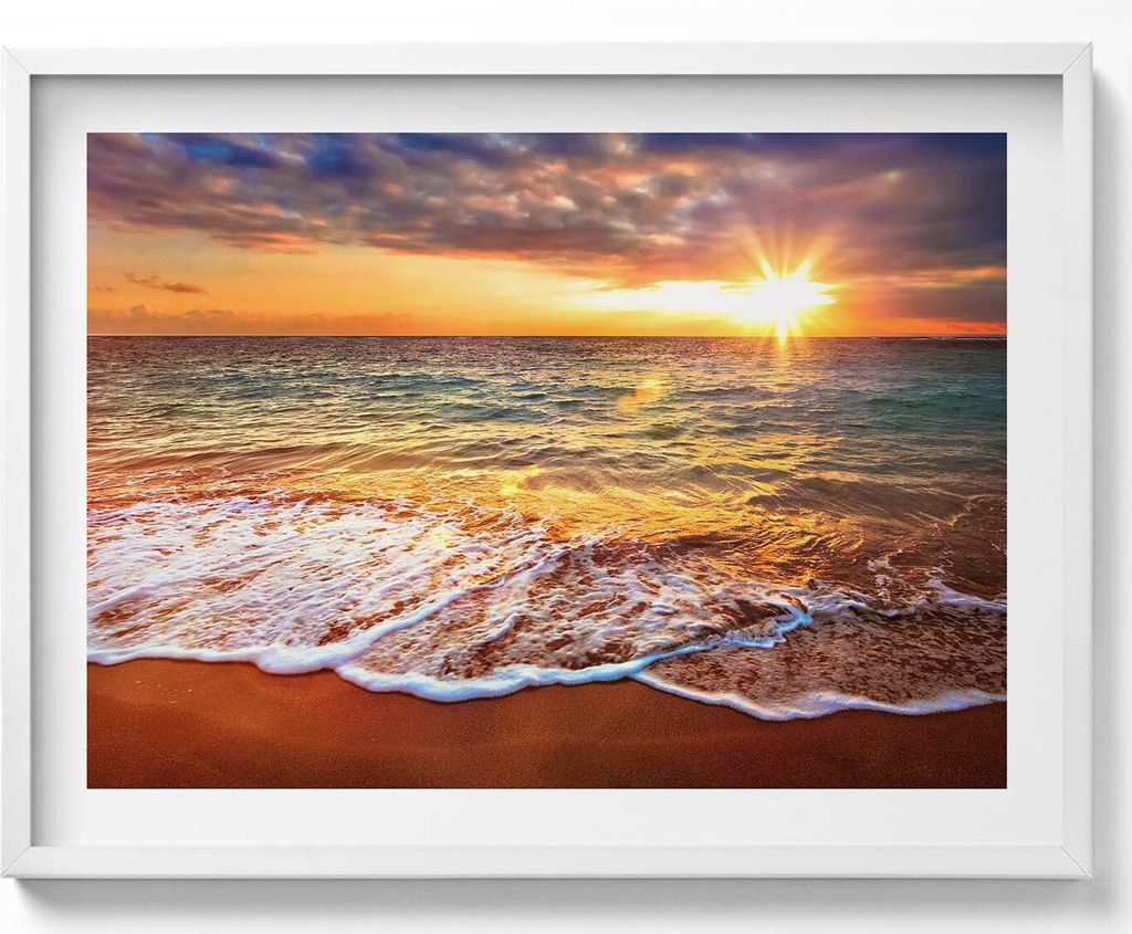 Wellen des Meeres bei Sonnenuntergang– Wandbild mit Rahmen – Gerahmtes Bild – Wanddekoration – 80x60 cm – Weiß Rahmen