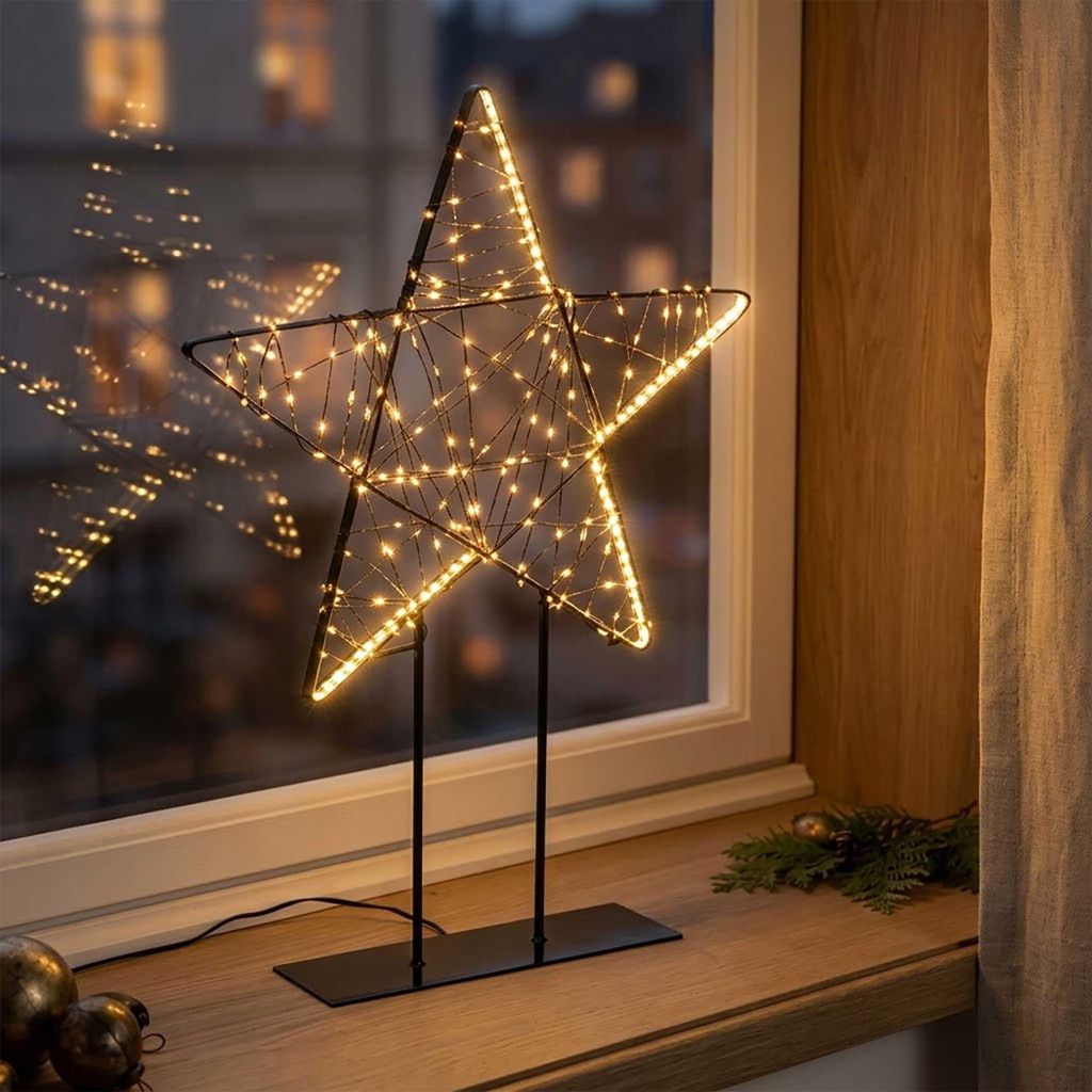 LED Metall Stern schwarz auf Fuß mit Twinkle Effekt für Innen - 50 x 35 cm