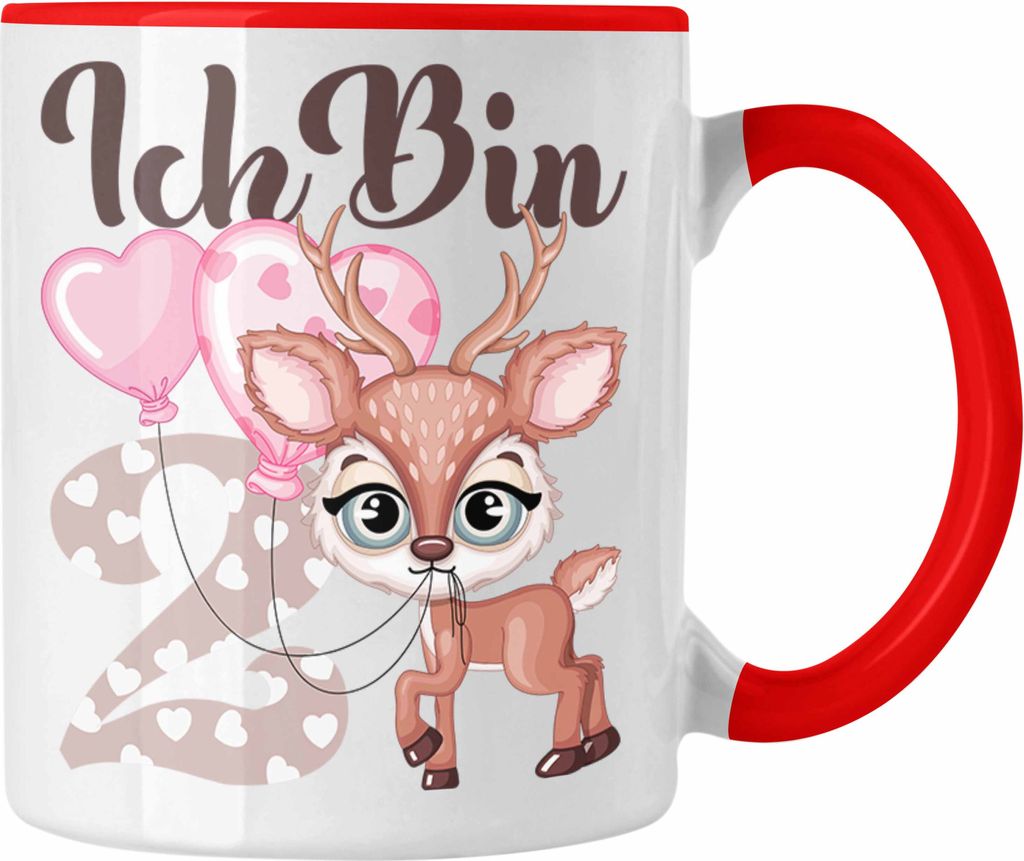 Trendation - Ich Bin 2 Jahre Alt Tasse Geschenk Süßes Reh 2. Geburtstag Geschenkdiee Mädchen Tochter (Rot)