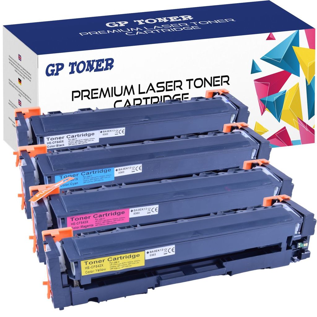 A box of GP Toner premium laser toner cartridges is shown with four cartridges in front of it.