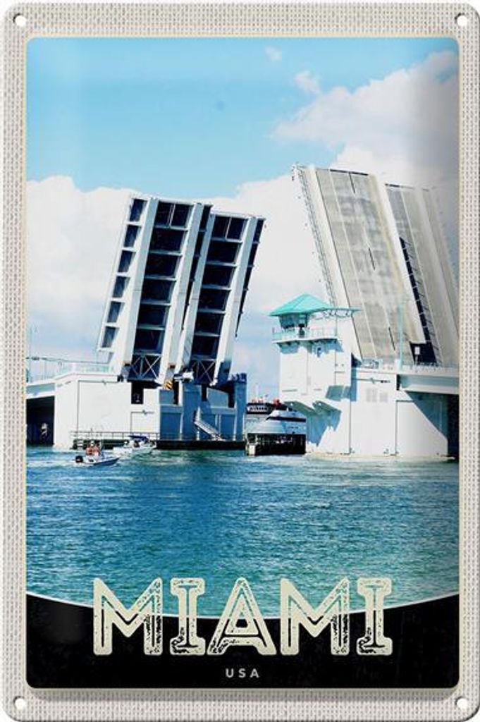 Blechschild Reise 20x30cm Miami Amerika USA Brücke Schiffe Meer