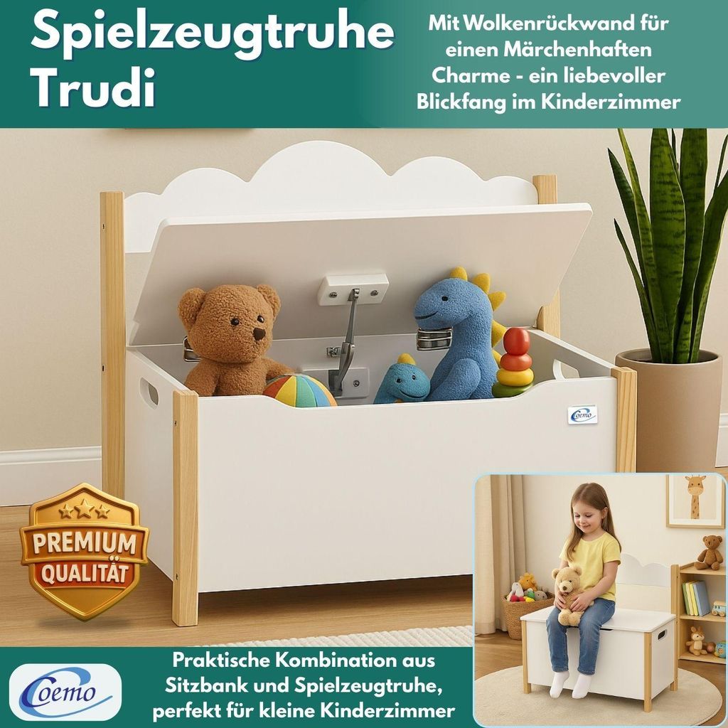 Coemo Truhe TRUDI mit Deckel Sitzbank für Kinder Spielzeugtruhe Weiß