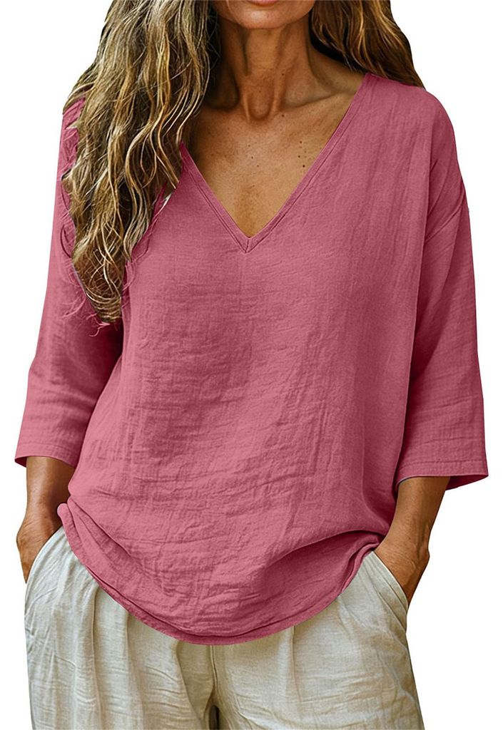 ASKSA Damen T-Shirt V-Ausschnitt 3/4 aermel Sommer Produktbild 