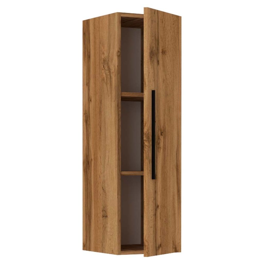 A single wooden cabinet with a handle and open doors, showing shelves inside, against a white background.