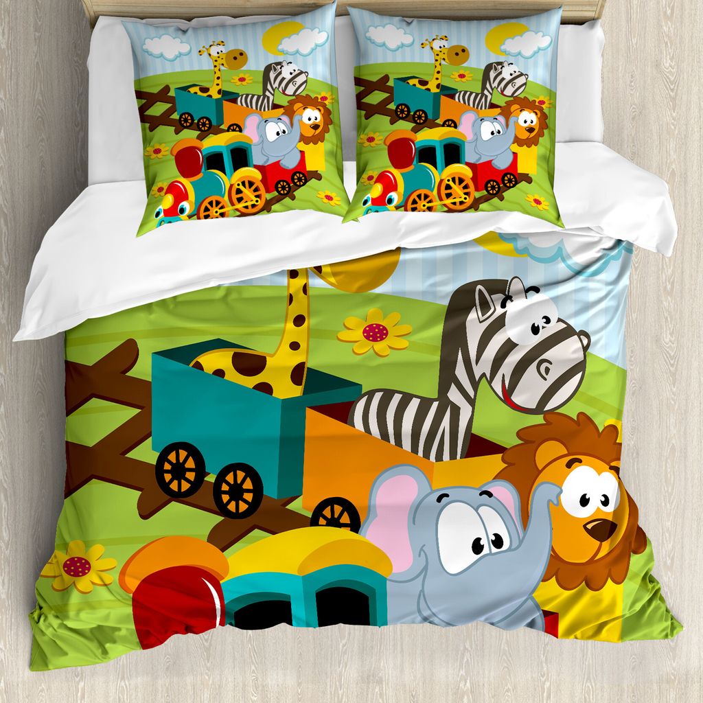 ABAKUHAUS Tier Bettbezugs Set Für Doppelbetten, Safari Wilde Tiere, Milbensicher Allergiker geeignet mit Kissenbezügen, Mehrfarbig