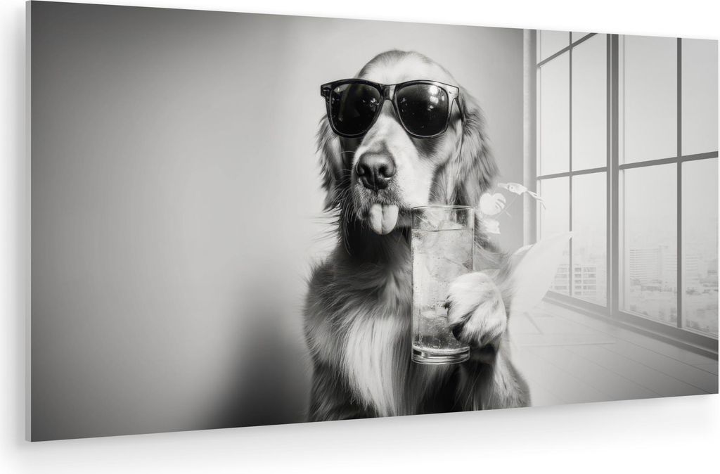 MuchoWow Glasbilder - Bilder auf Wandbild - Foto auf Glas Golden Retriever - Hund - Sonnenbrille - Gkas 80x40 cm Wanddekoration aus Glas - Acrylgla...