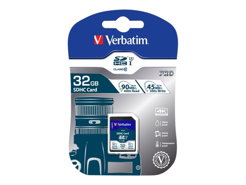 Verbatim Pro, 32 GB, SDHC, Klasse 10, UHS, 90 MB/s, 45 MB/s Produktbild 