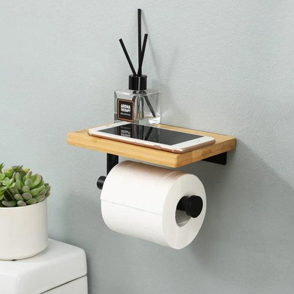 Porte-papier toilette noir avec tablette bambou en acier inoxydable SDB