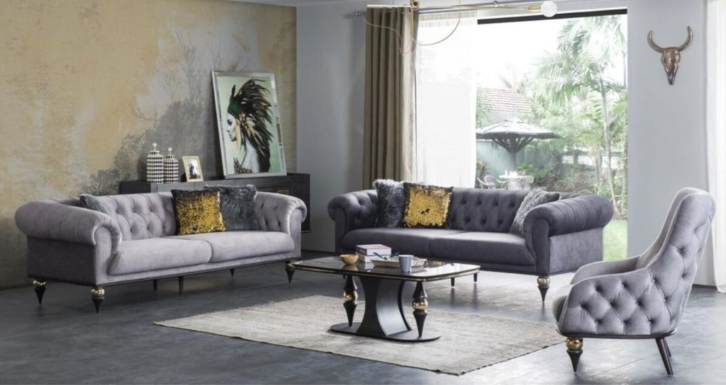 Casa Padrino Luxus Art Deco Chesterfield Wohnzimmer Set - 2 Sofas & 2 Sessel & 1 Couchtisch mit Glasplatte in Marmoroptik - Edle Art Deco Wohnzimme...