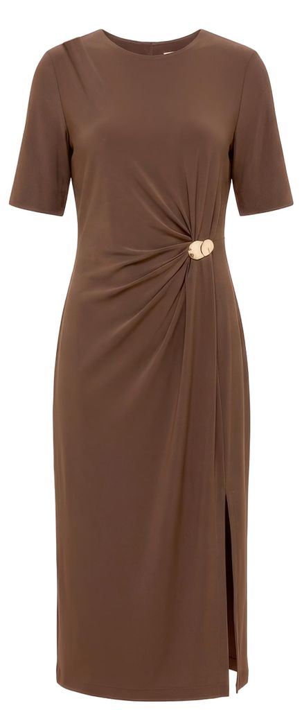 Kleid DAVINA in Mocca, Größe 42, mit körpernahem Schnitt und Raffdetails an der Taille