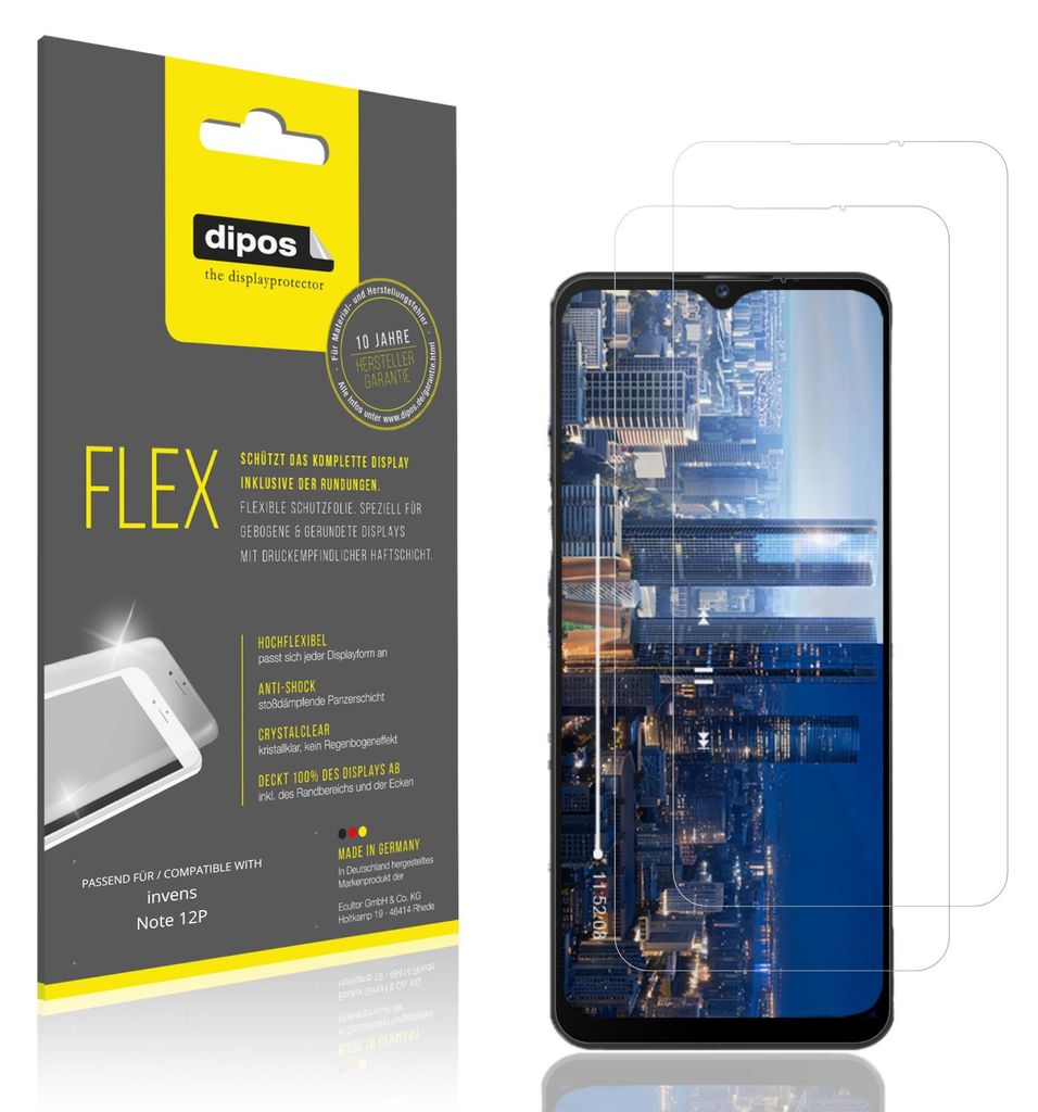 2x Schutzfolie für invens Note 12P Folie, 100% Displayabdeckung, dipos Flex